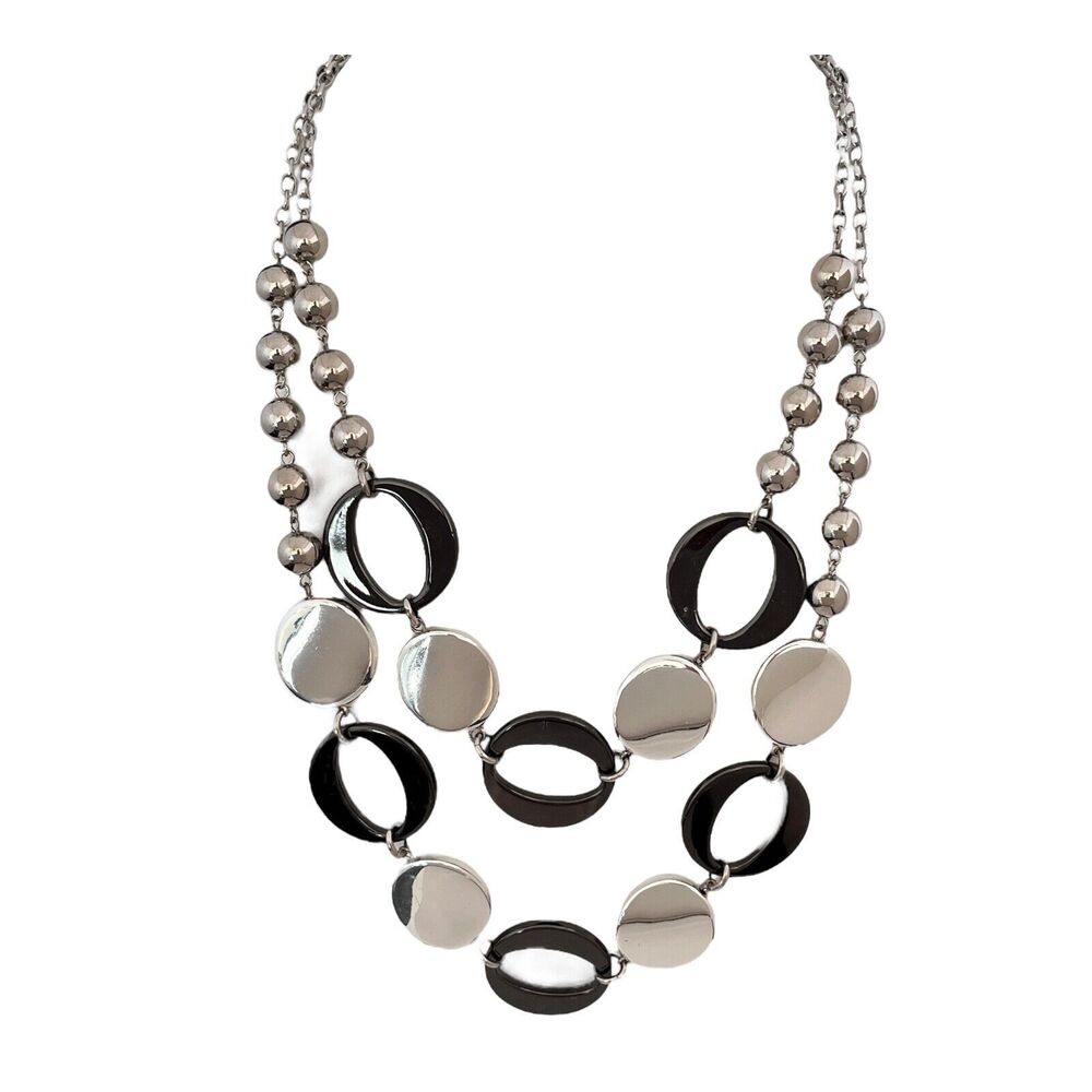 New Silver Tone Multi Strand Necklace Silver & Hematite Tones Statement - 11M
